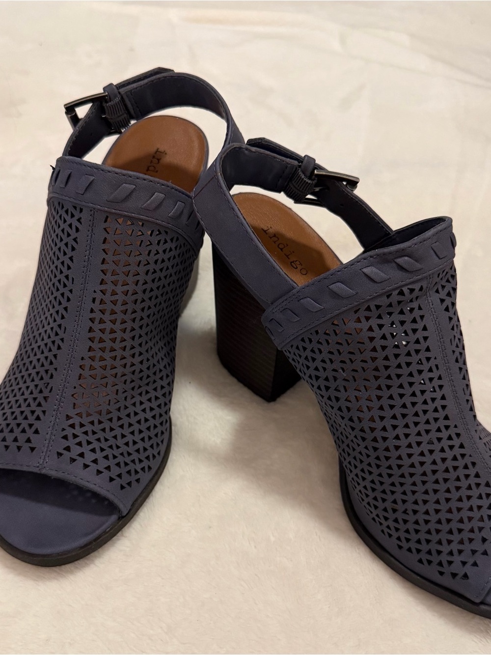Indigo Navy Laser-Cut Peep Toe Block Heel Slingbacks